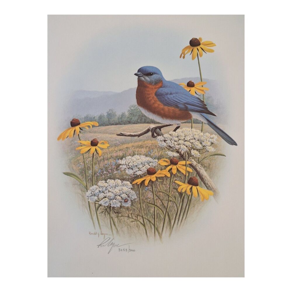 Ronald Louque Art Lithograph Eastern Bluebirds Blackeyed Susans Signed Numbered